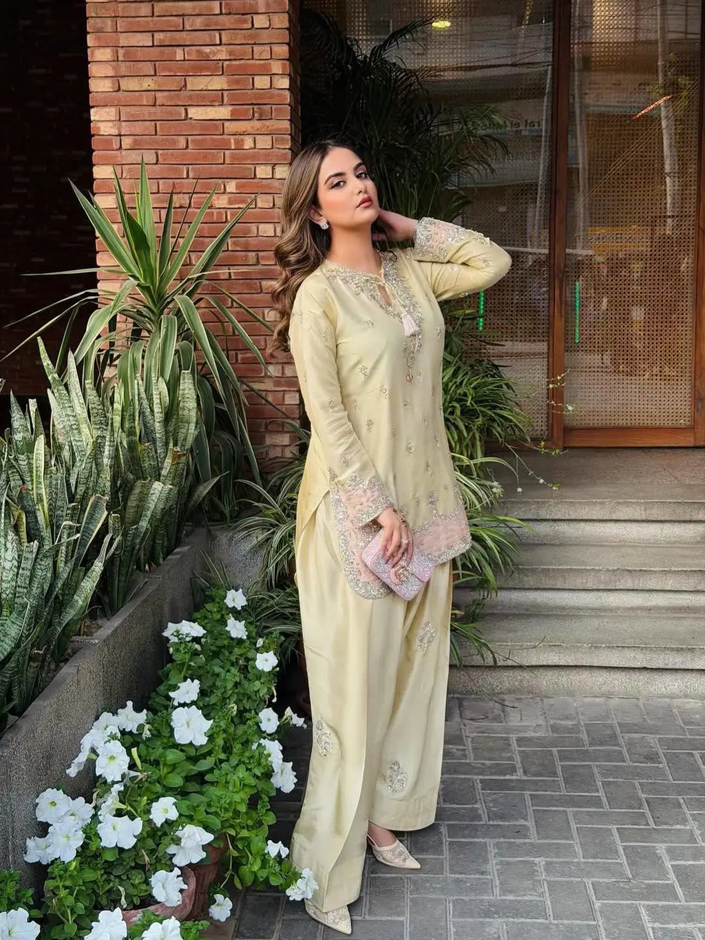 Pastel Yellow Silk Palazzo Suit with Fancy Tassels & Embroidery â€“ Eid Special
