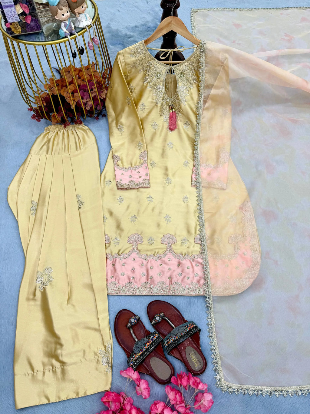 Pastel Yellow Silk Palazzo Suit with Fancy Tassels & Embroidery â€“ Eid Special