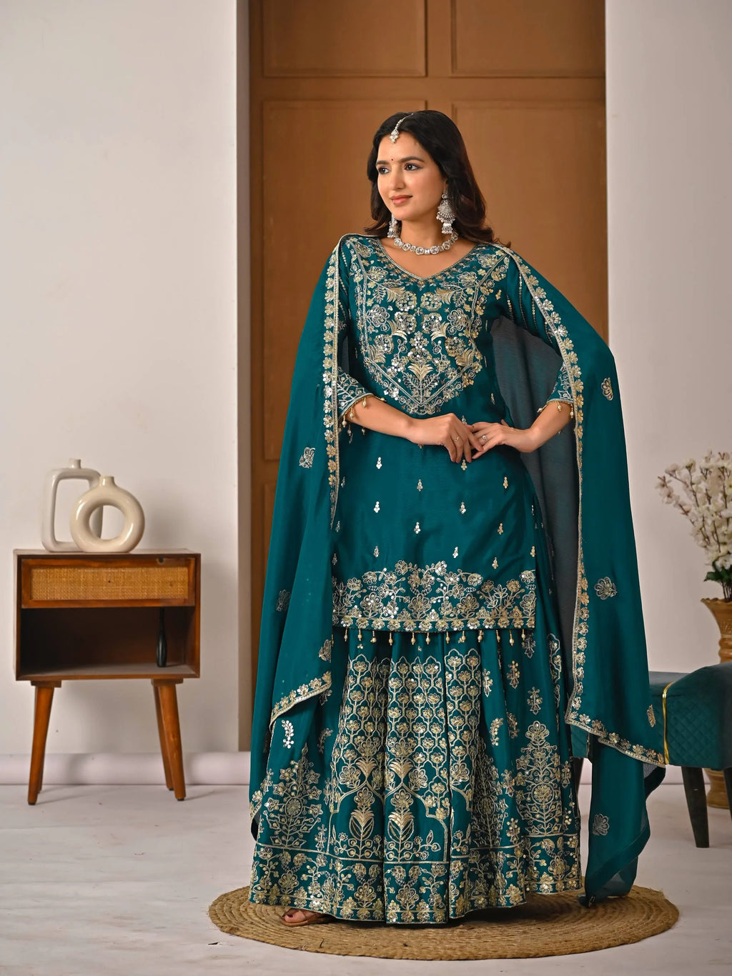 Flared Chinnon Silk Lehenga with Heavy Sequins Embroidery Work