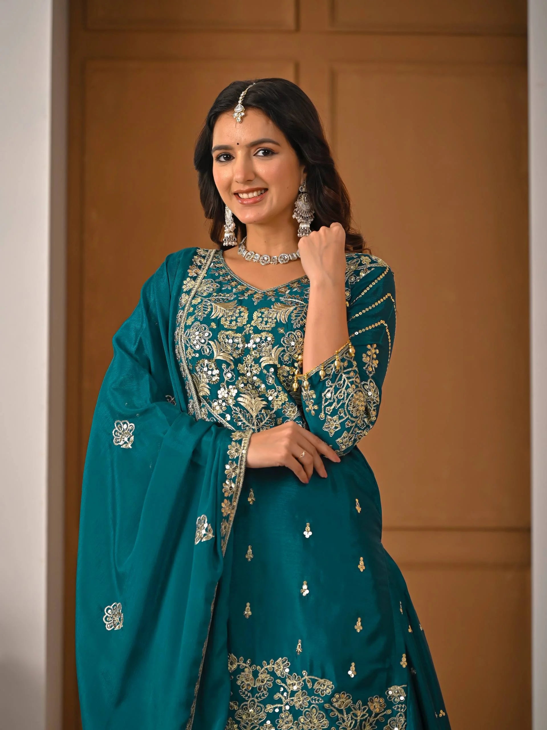Flared Chinnon Silk Lehenga with Heavy Sequins Embroidery Work