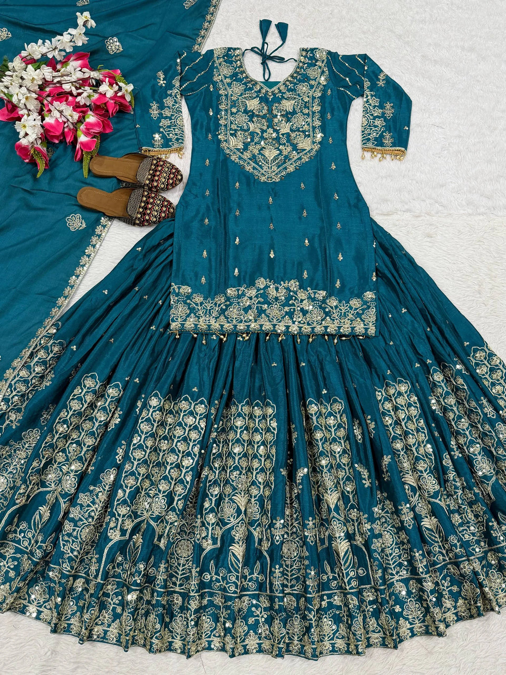 Flared Chinnon Silk Lehenga with Heavy Sequins Embroidery Work