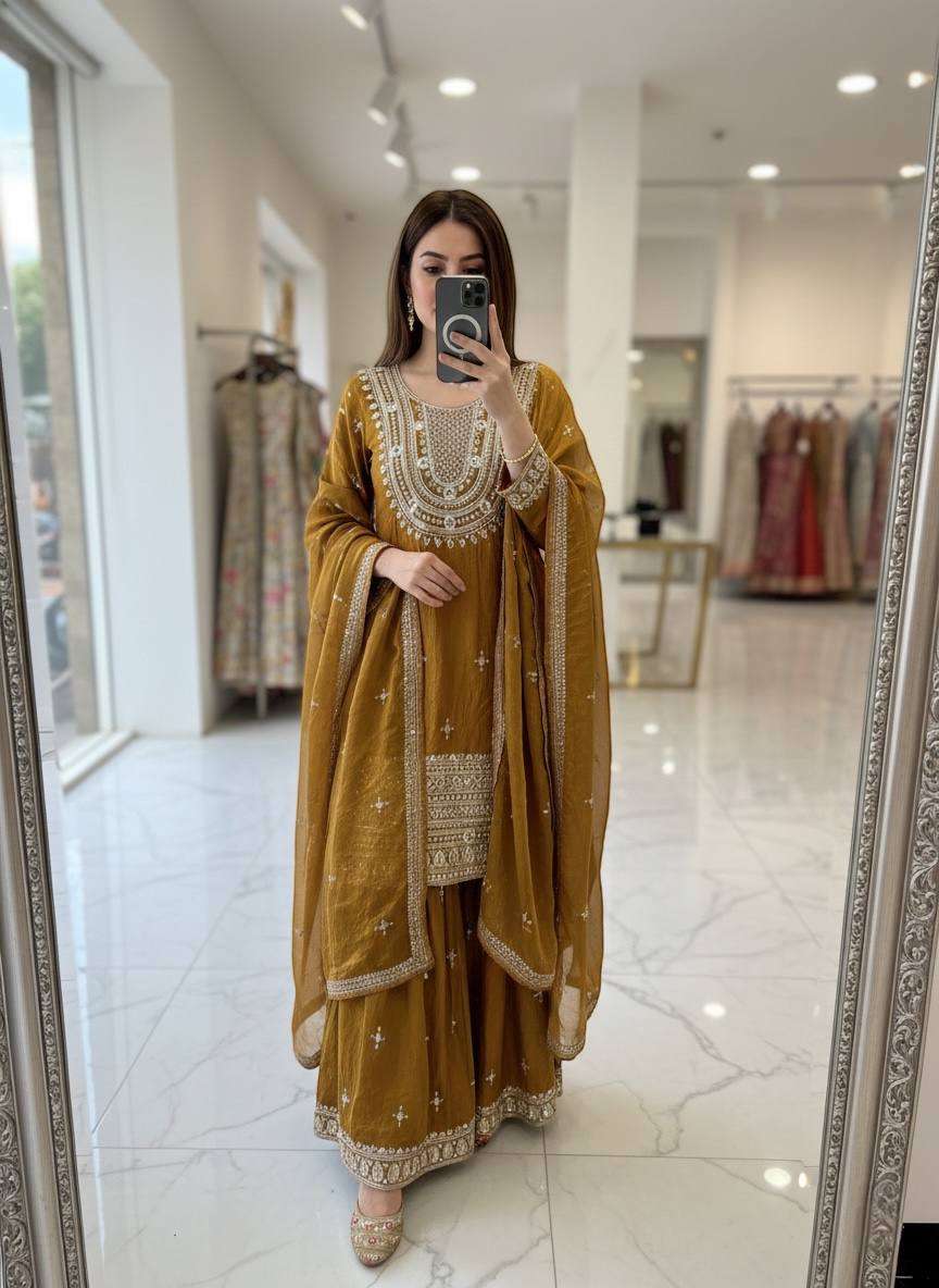 Eid Celebration Wear Fendy Silk Sharara Set with Sequin & Mirror Embroidery