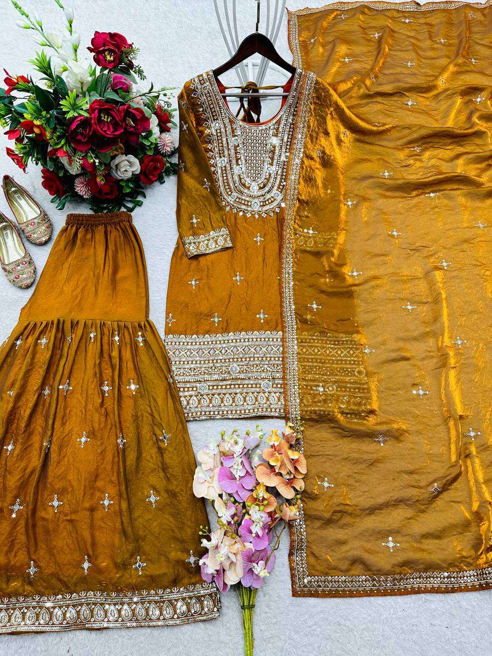 Eid Celebration Wear Fendy Silk Sharara Set with Sequin & Mirror Embroidery