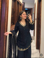 Luxury Roman Silk Top & Plazzo Set with Sequence Work Dupatta