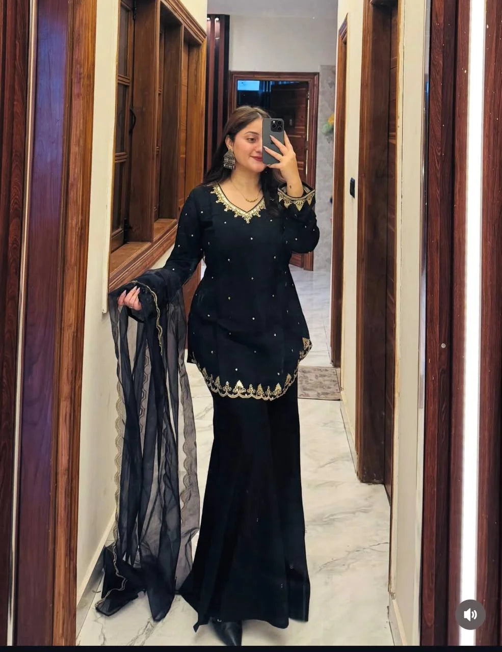 Luxury Roman Silk Top & Plazzo Set with Sequence Work Dupatta