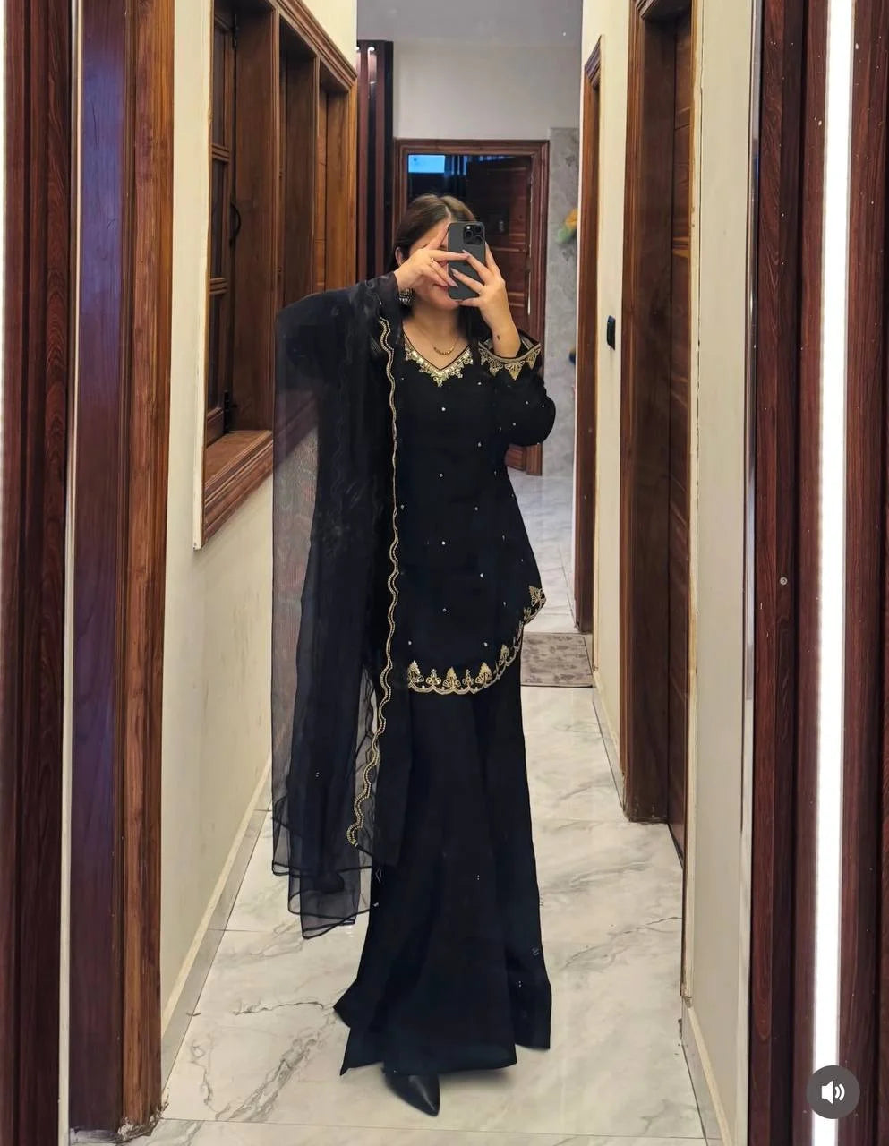 Luxury Roman Silk Top & Plazzo Set with Sequence Work Dupatta