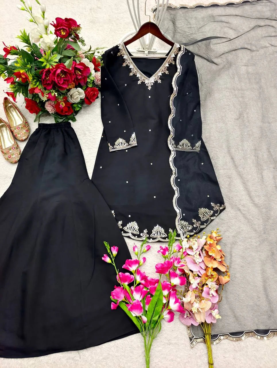 Luxury Roman Silk Top & Plazzo Set with Sequence Work Dupatta