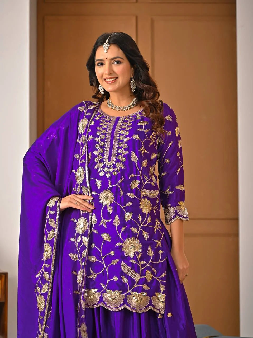 Designer Chinon Silk Top & Lehenga Set with Sequence Work