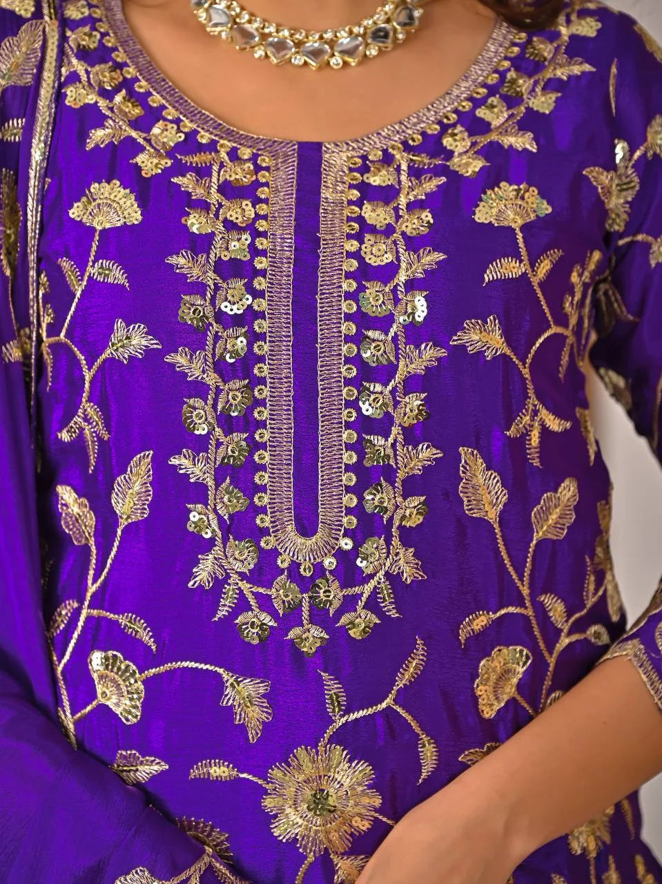 Designer Chinon Silk Top & Lehenga Set with Sequence Work