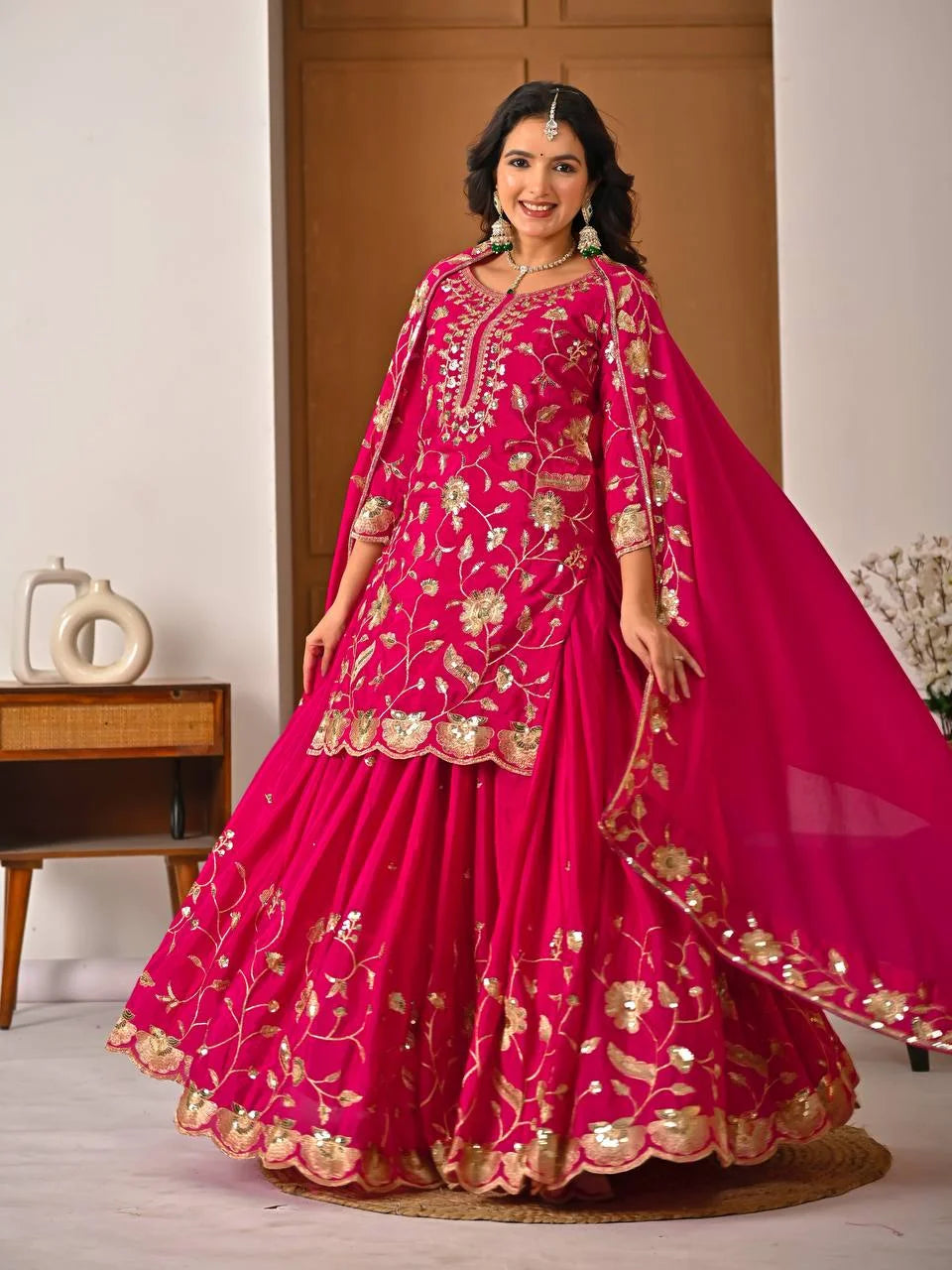 Chinon Silk Lehenga Set with Sequins Embroidery & Fancy Lace Dupatta