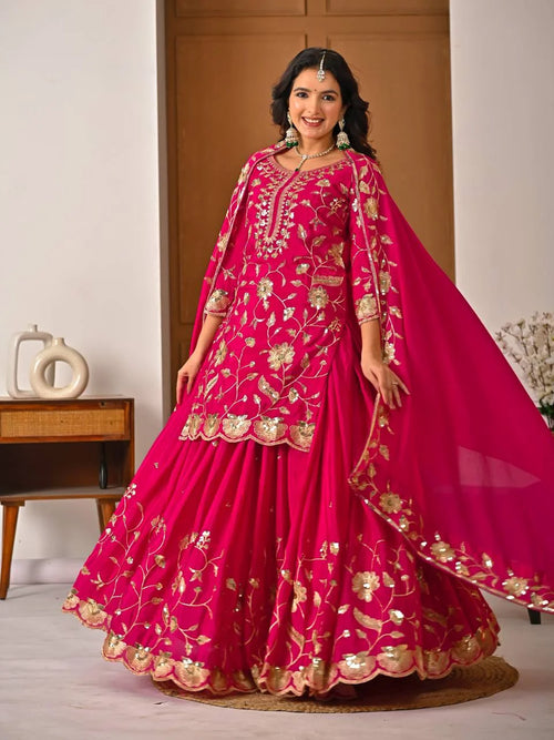 Chinon Silk Lehenga Set with Sequins Embroidery & Fancy Lace Dupatta
