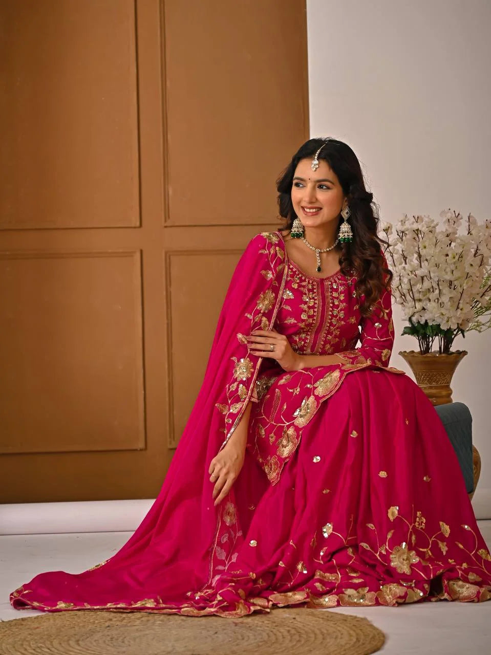 Chinon Silk Lehenga Set with Sequins Embroidery & Fancy Lace Dupatta