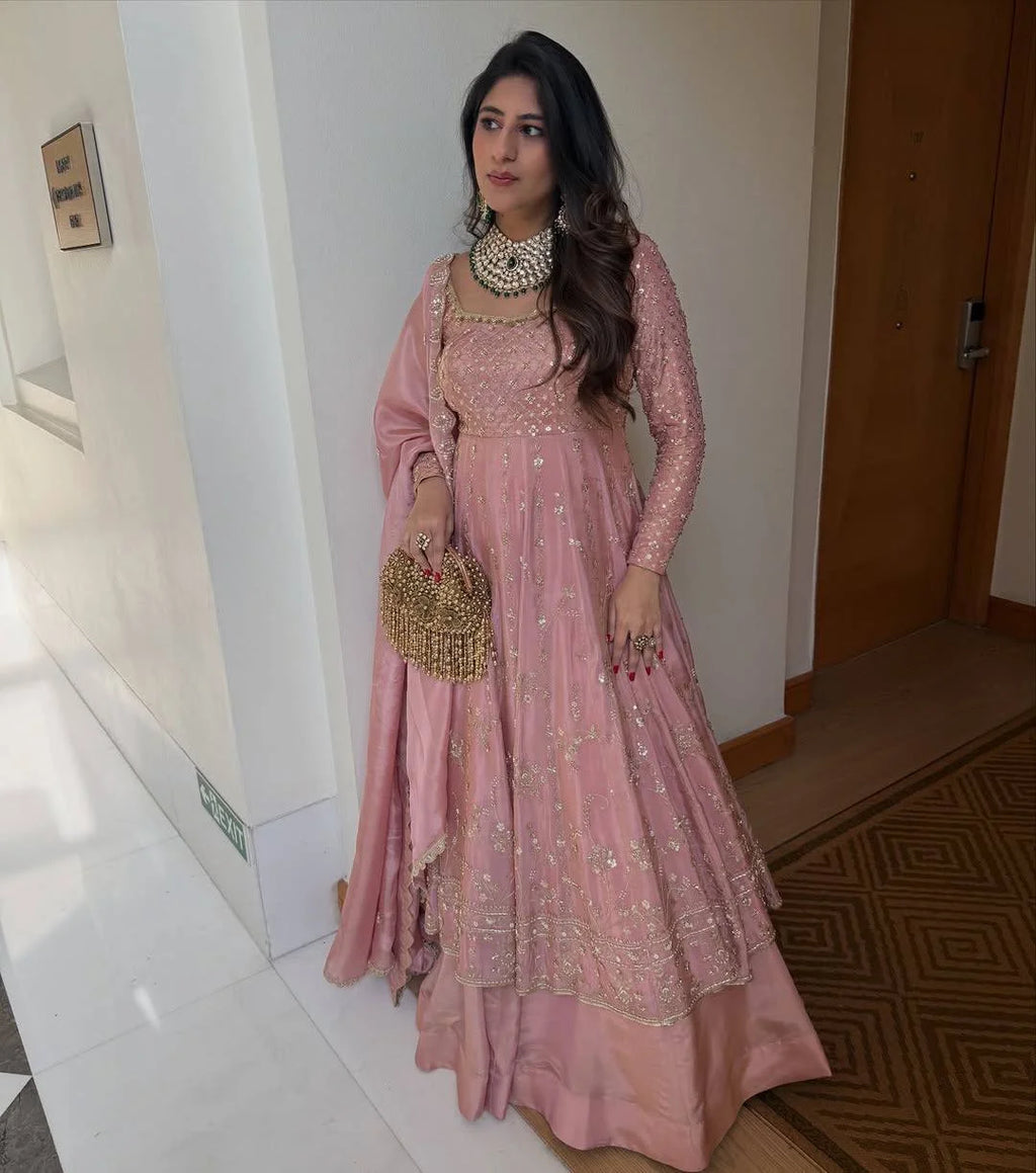 Party Wear GMY Silk Embroidered Anarkali with Lehenga and Designer Dupatta