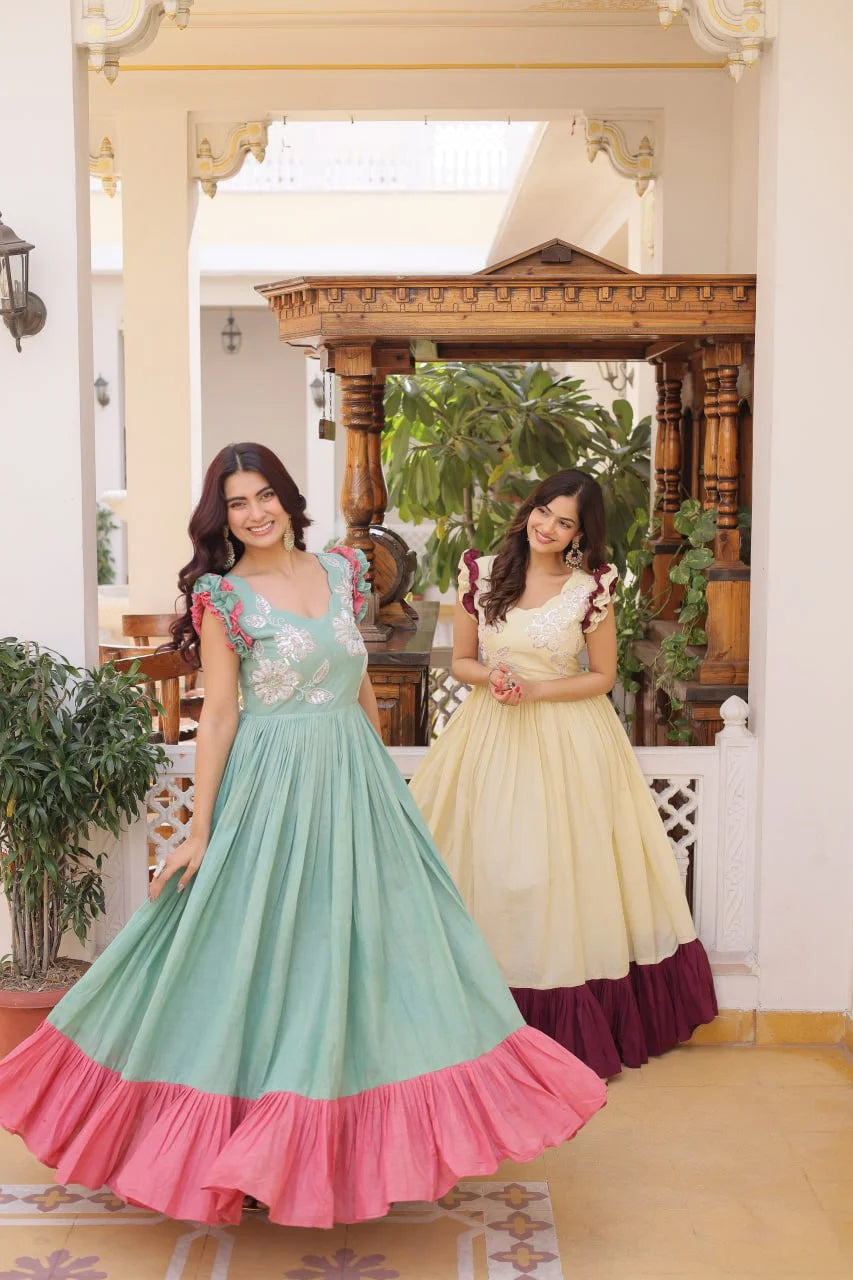 Party Wear Cotton Embroidered Gown with Double Frill Sleeves