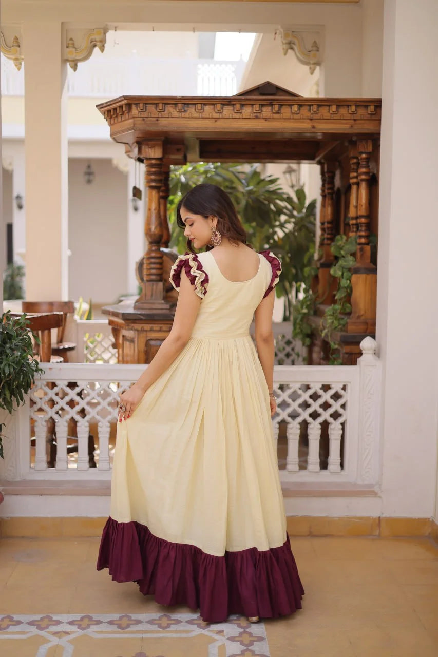 Party Wear Cotton Embroidered Gown with Double Frill Sleeves