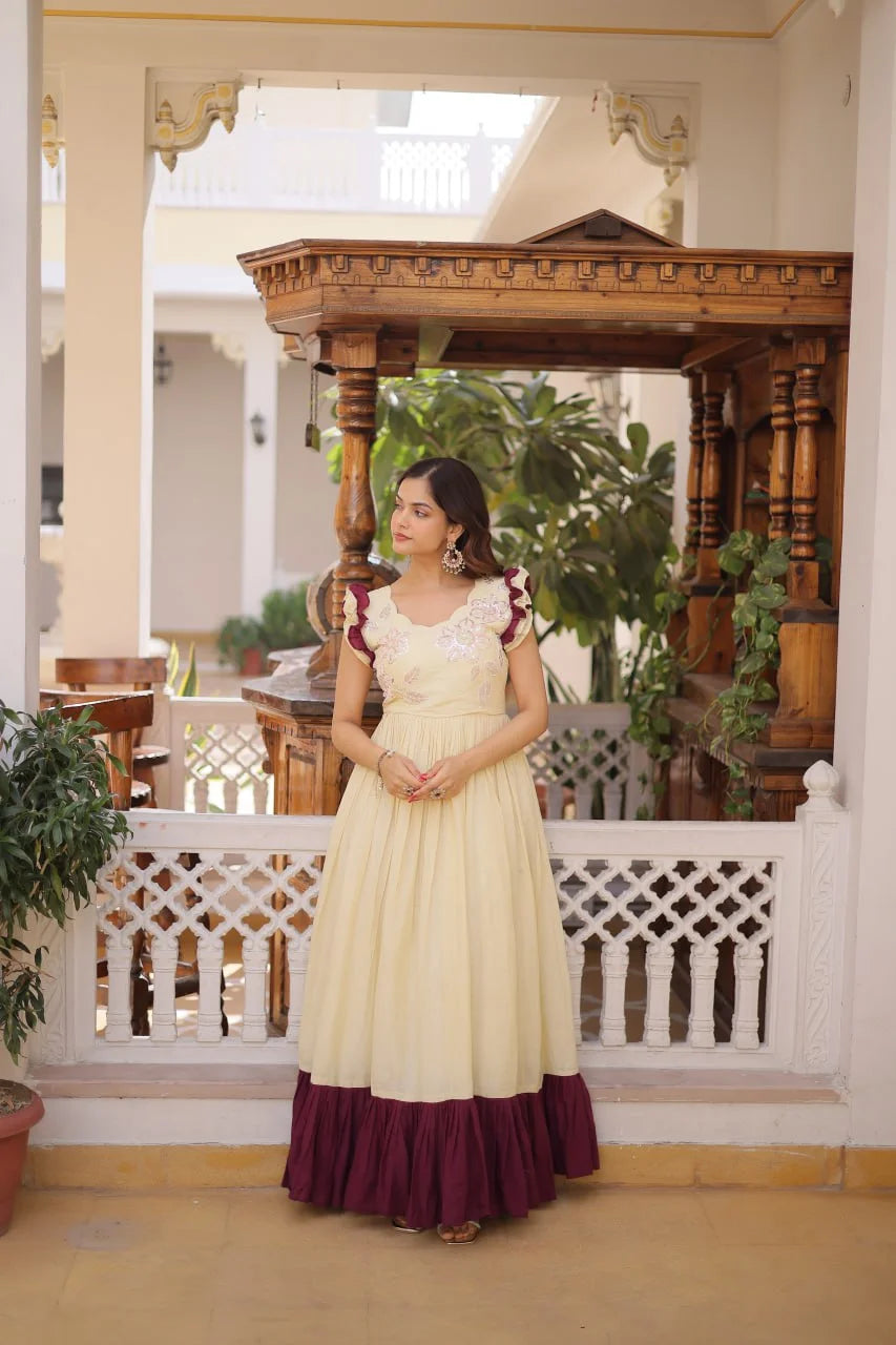 Party Wear Cotton Embroidered Gown with Double Frill Sleeves
