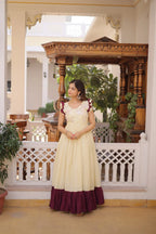 Party Wear Cotton Embroidered Gown with Double Frill Sleeves