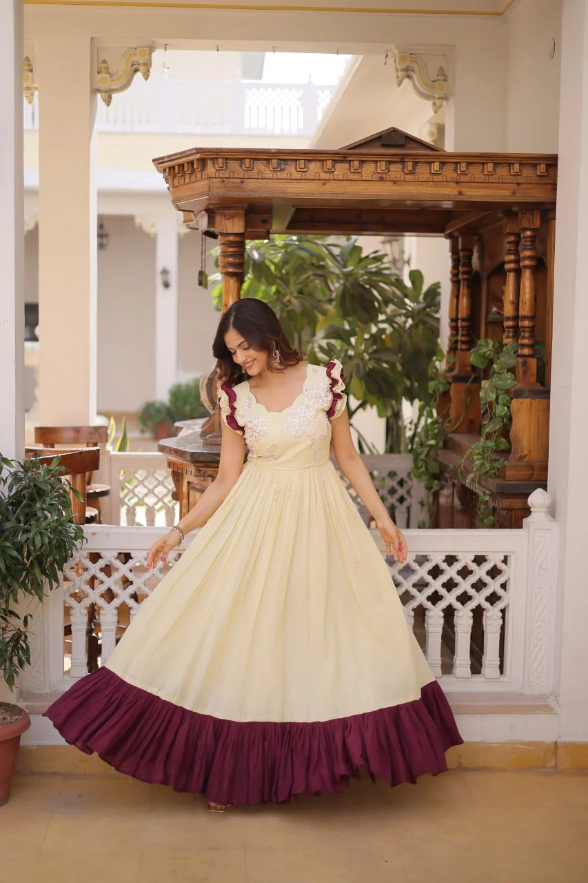 Party Wear Cotton Embroidered Gown with Double Frill Sleeves
