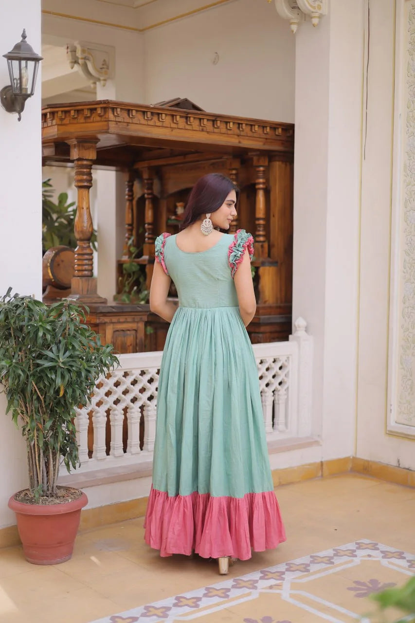 Party Wear Cotton Embroidered Gown with Double Frill Sleeves