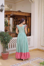 Party Wear Cotton Embroidered Gown with Double Frill Sleeves