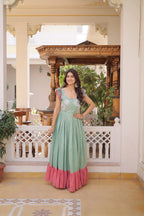 Party Wear Cotton Embroidered Gown with Double Frill Sleeves