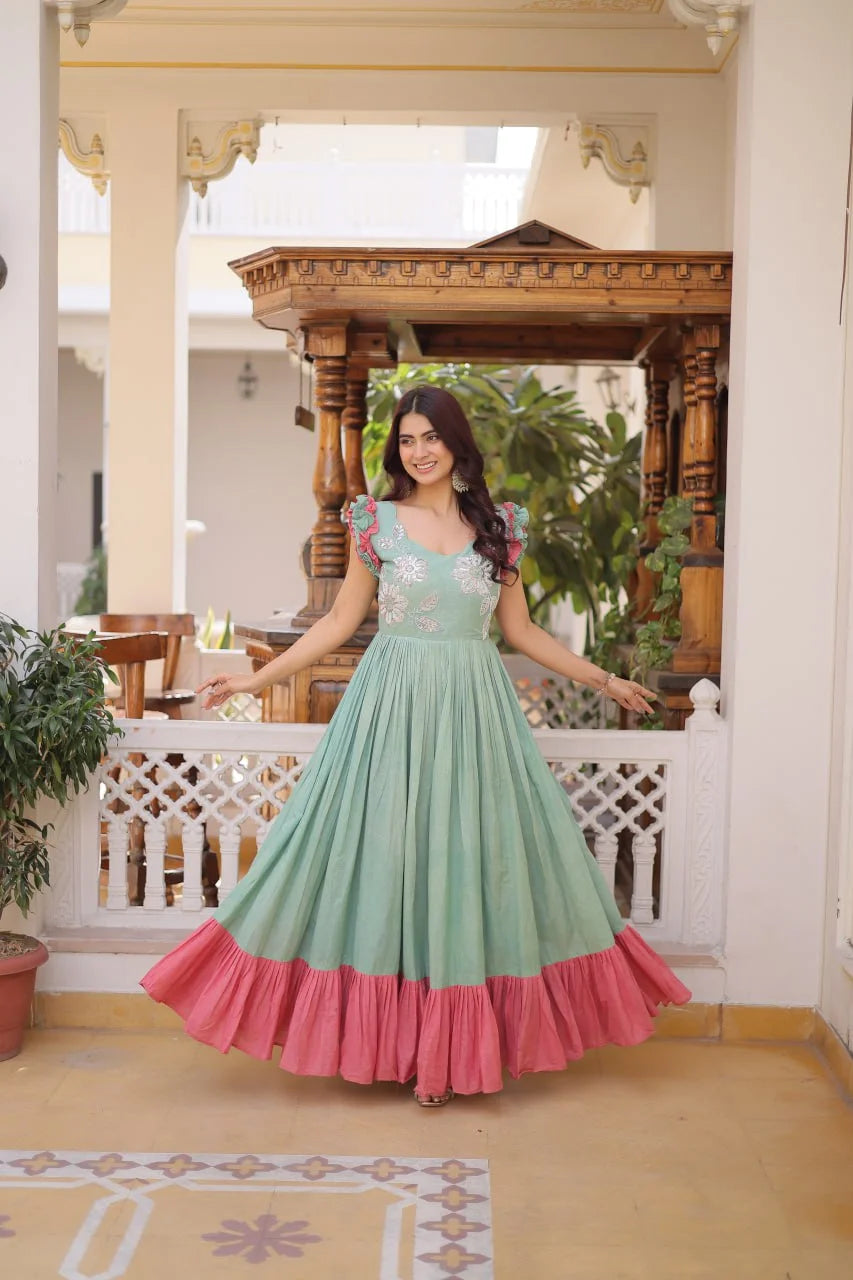 Party Wear Cotton Embroidered Gown with Double Frill Sleeves