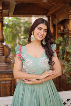 Party Wear Cotton Embroidered Gown with Double Frill Sleeves