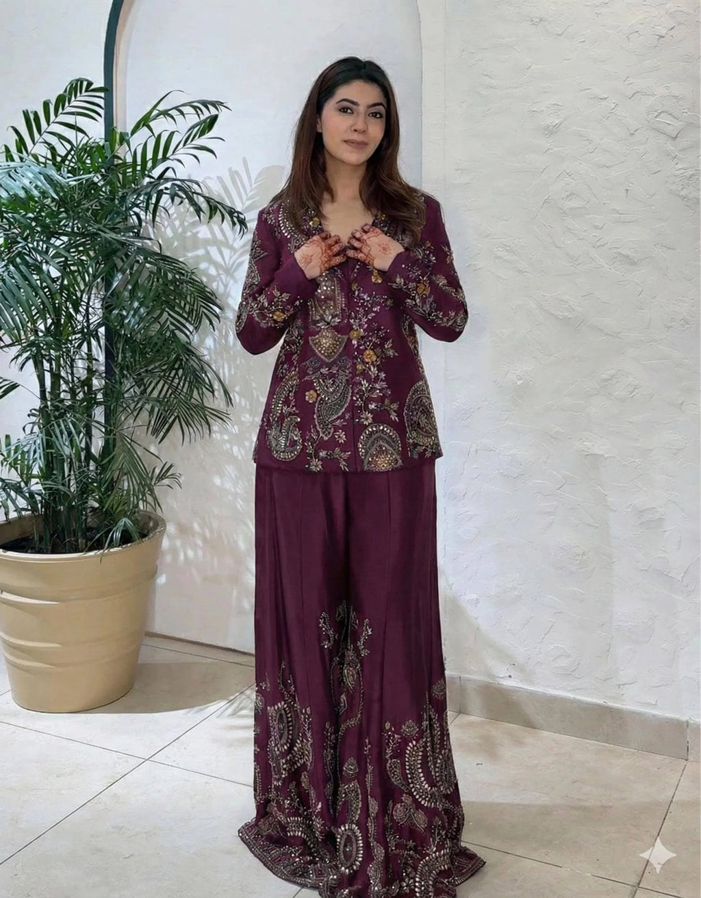 Premium Chinon Koti Style Set with Embroidered Plazzo & Blouse