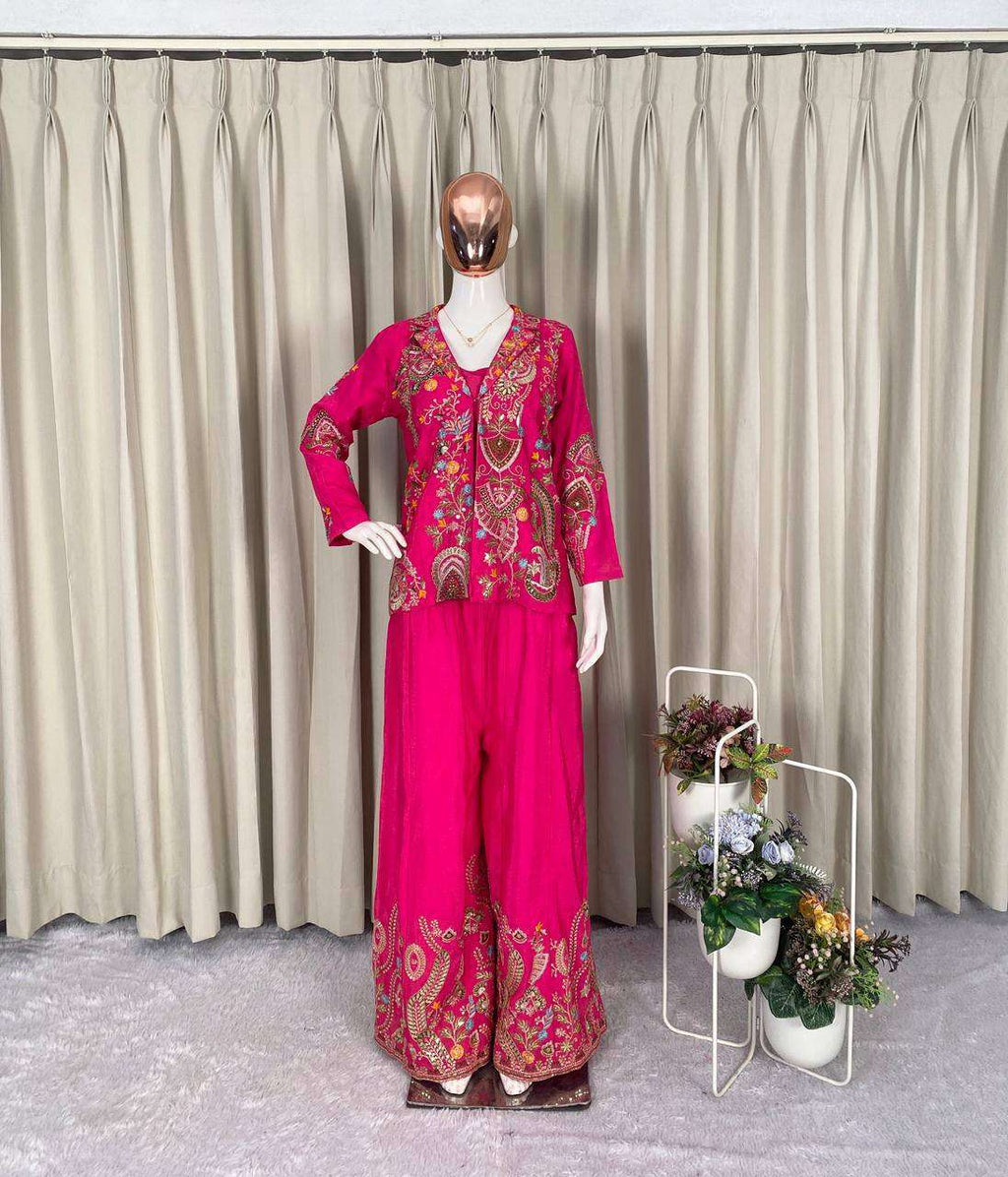 Stylish Chinon Koti with Embroidered Plazzo and Fully Stitched Blouse Set