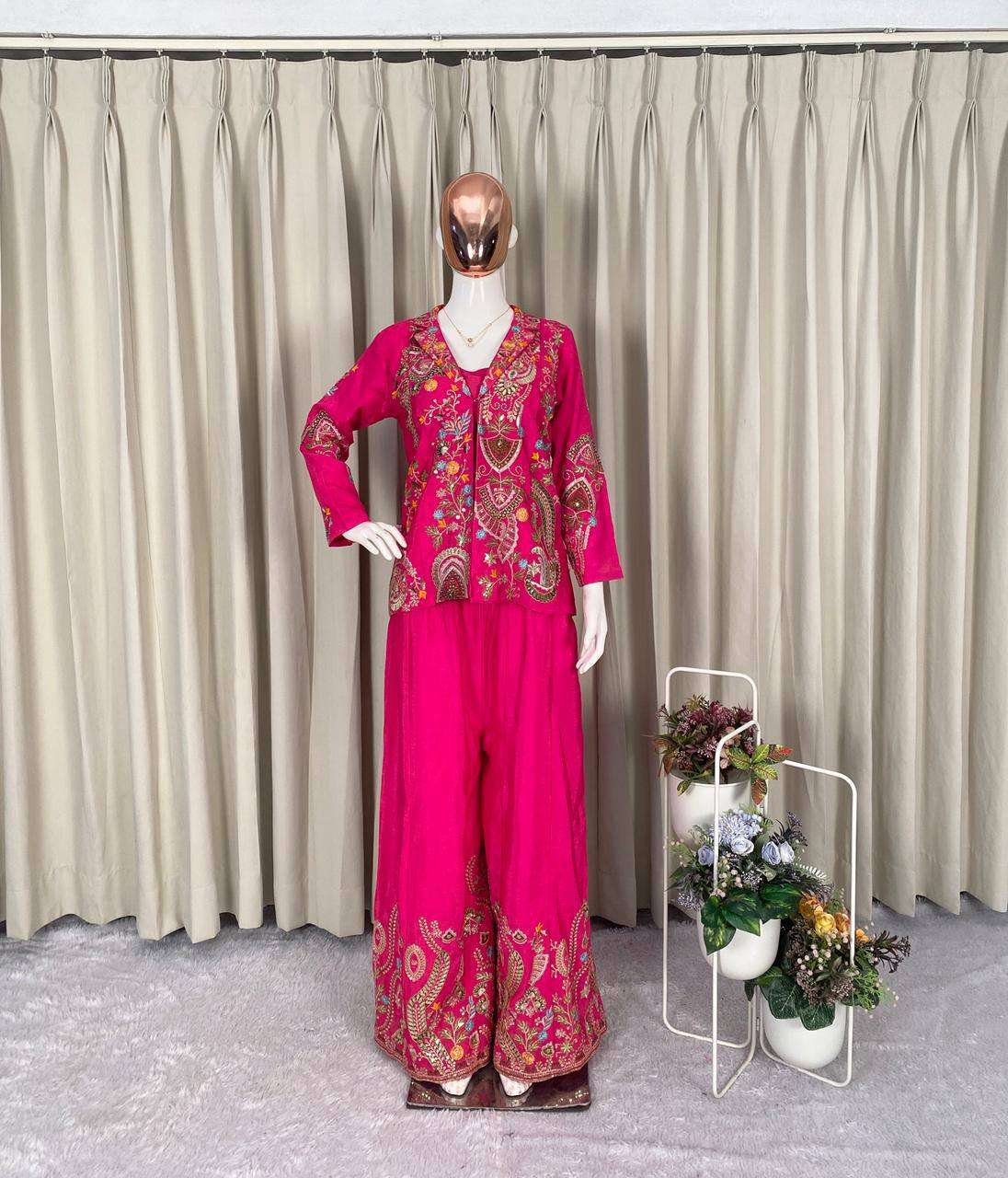 Stylish Chinon Koti with Embroidered Plazzo and Fully Stitched Blouse Set