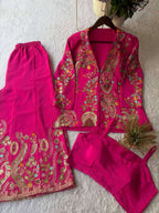 Stylish Chinon Koti with Embroidered Plazzo and Fully Stitched Blouse Set