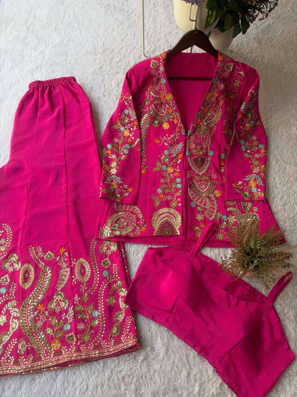 Stylish Chinon Koti with Embroidered Plazzo and Fully Stitched Blouse Set