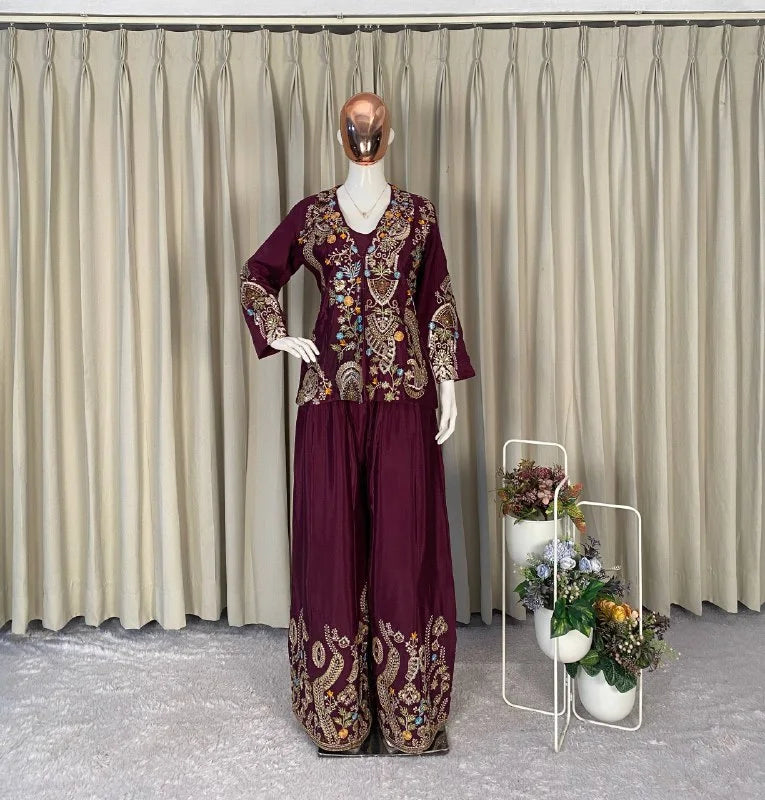 Premium Chinon Koti Style Set with Embroidered Plazzo & Blouse