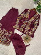 Premium Chinon Koti Style Set with Embroidered Plazzo & Blouse
