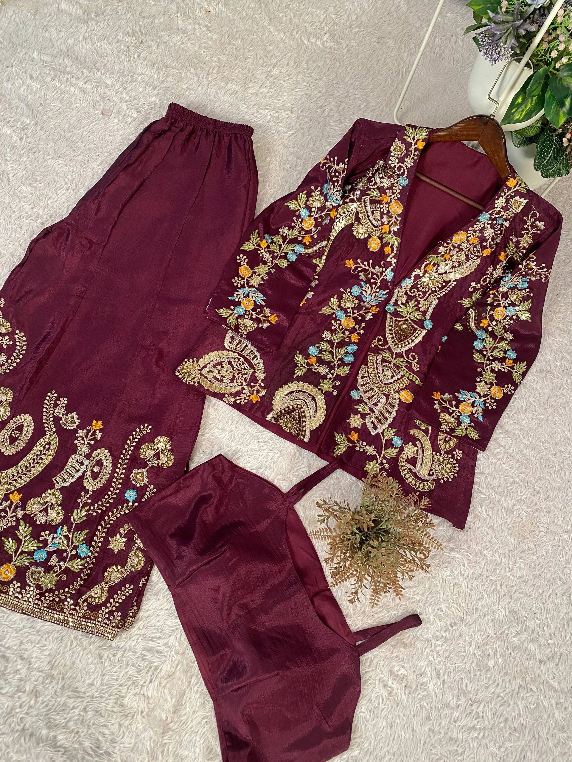Premium Chinon Koti Style Set with Embroidered Plazzo & Blouse