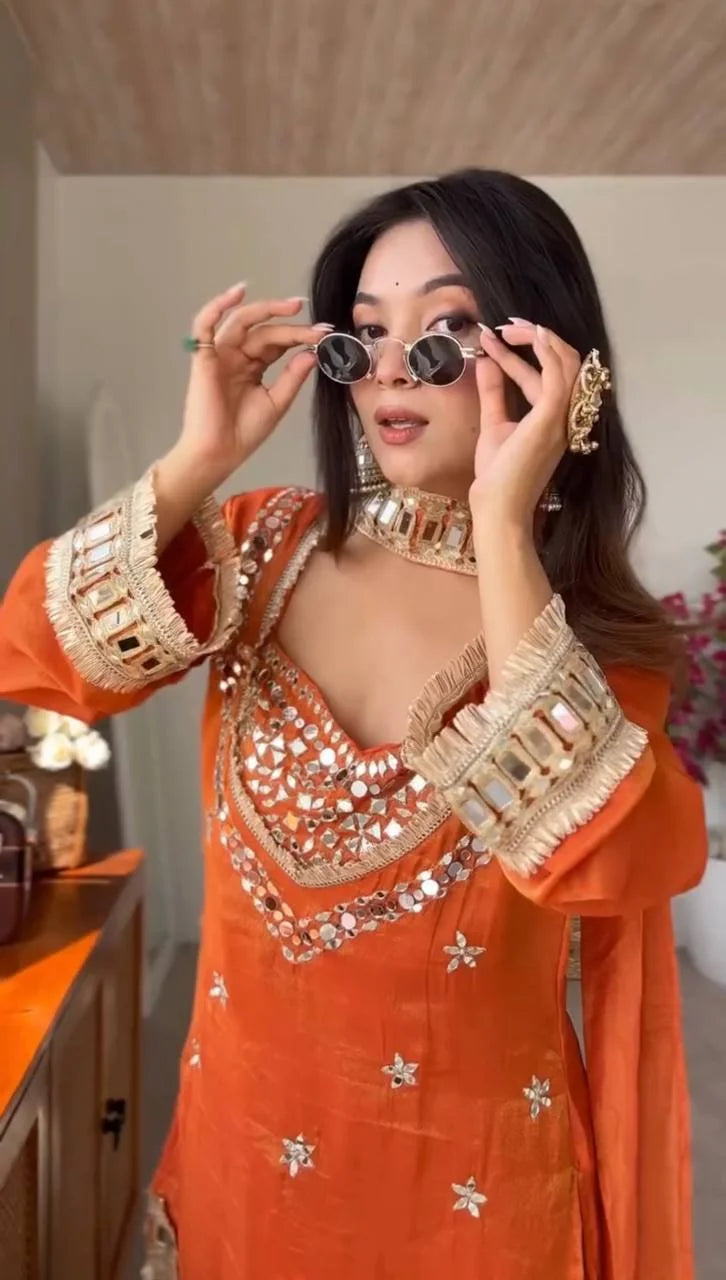 Festive Wear Fendy Silk Sharara Suit with Real Mirror Work