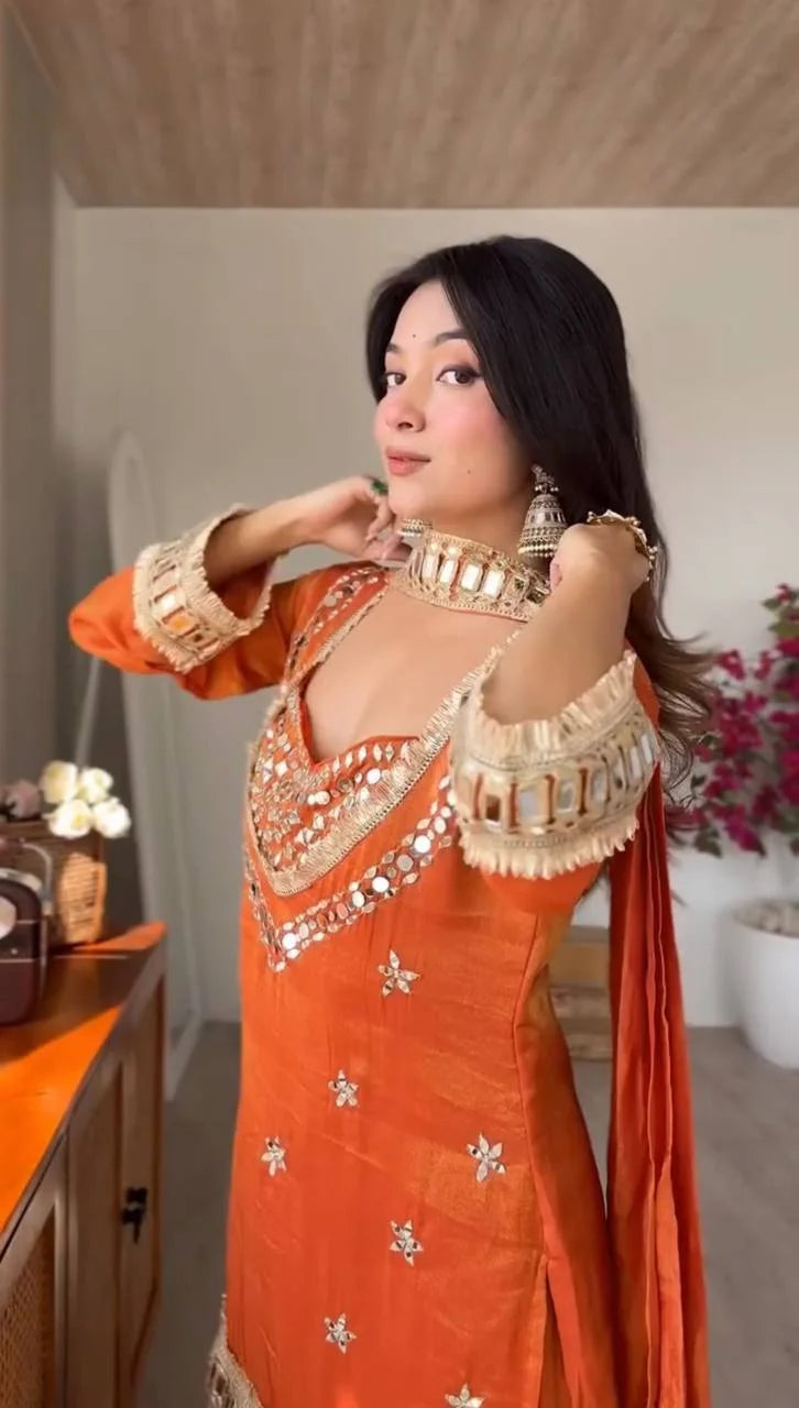 Festive Wear Fendy Silk Sharara Suit with Real Mirror Work