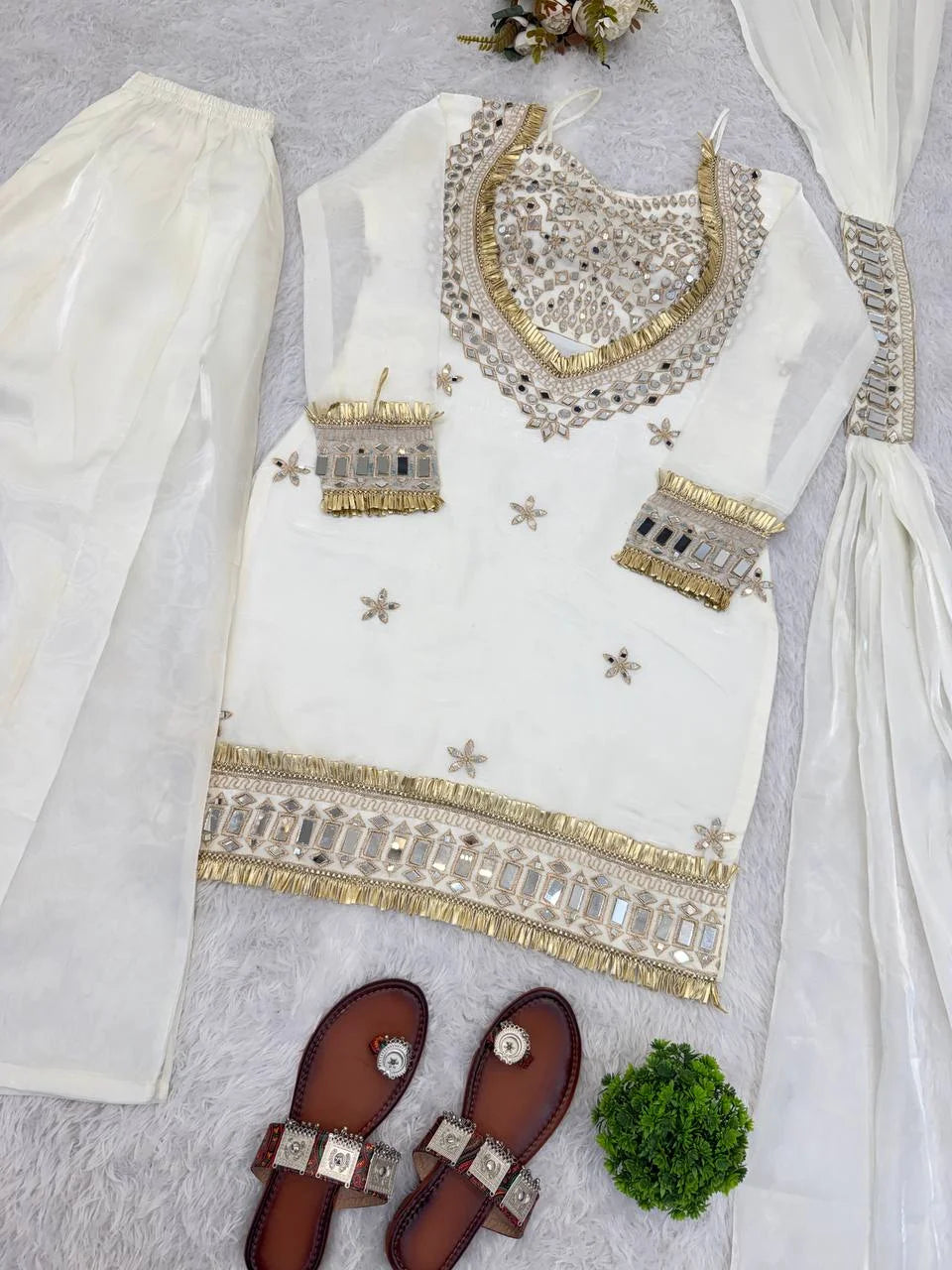 White Eid Festive Wear Fendy Silk Sharara Suit with Mirror Work