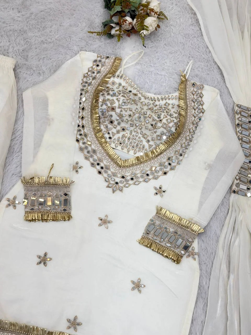White Eid Festive Wear Fendy Silk Sharara Suit with Mirror Work