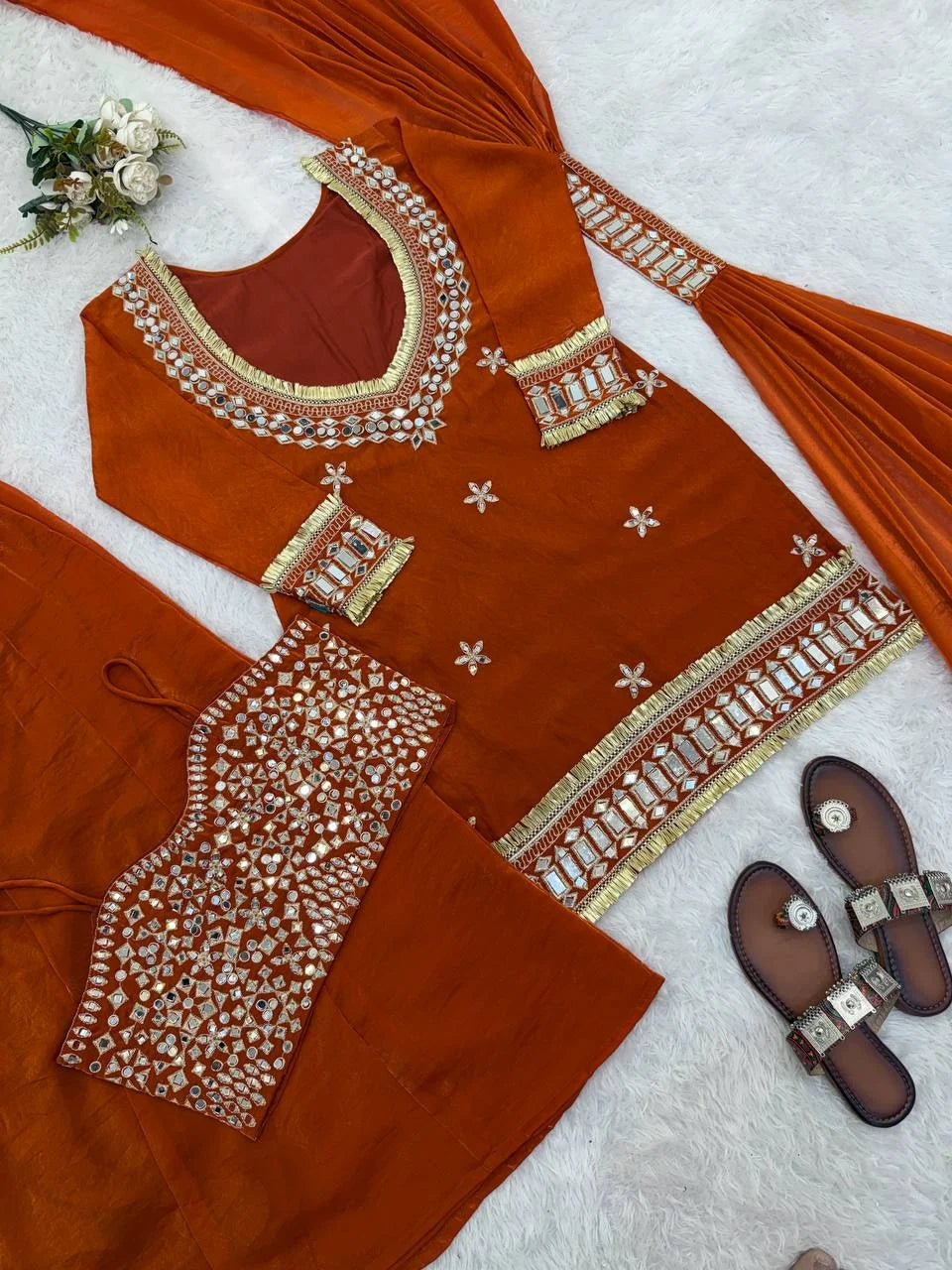 Festive Wear Fendy Silk Sharara Suit with Real Mirror Work