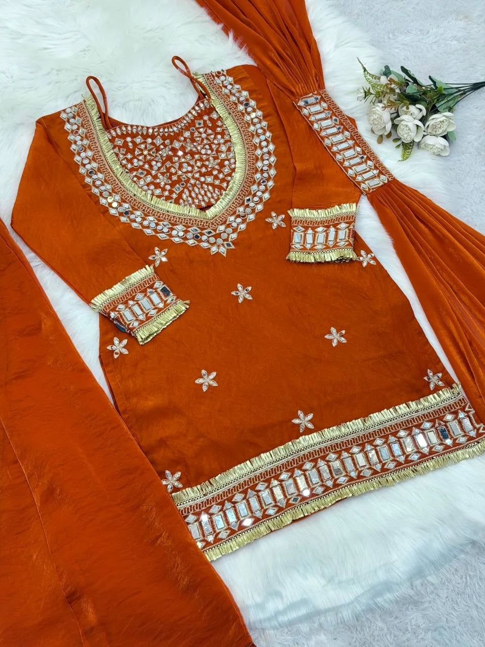 Festive Wear Fendy Silk Sharara Suit with Real Mirror Work