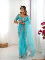 Designer Organza Silk Saree with Delicate Thread & Sequin Detailing