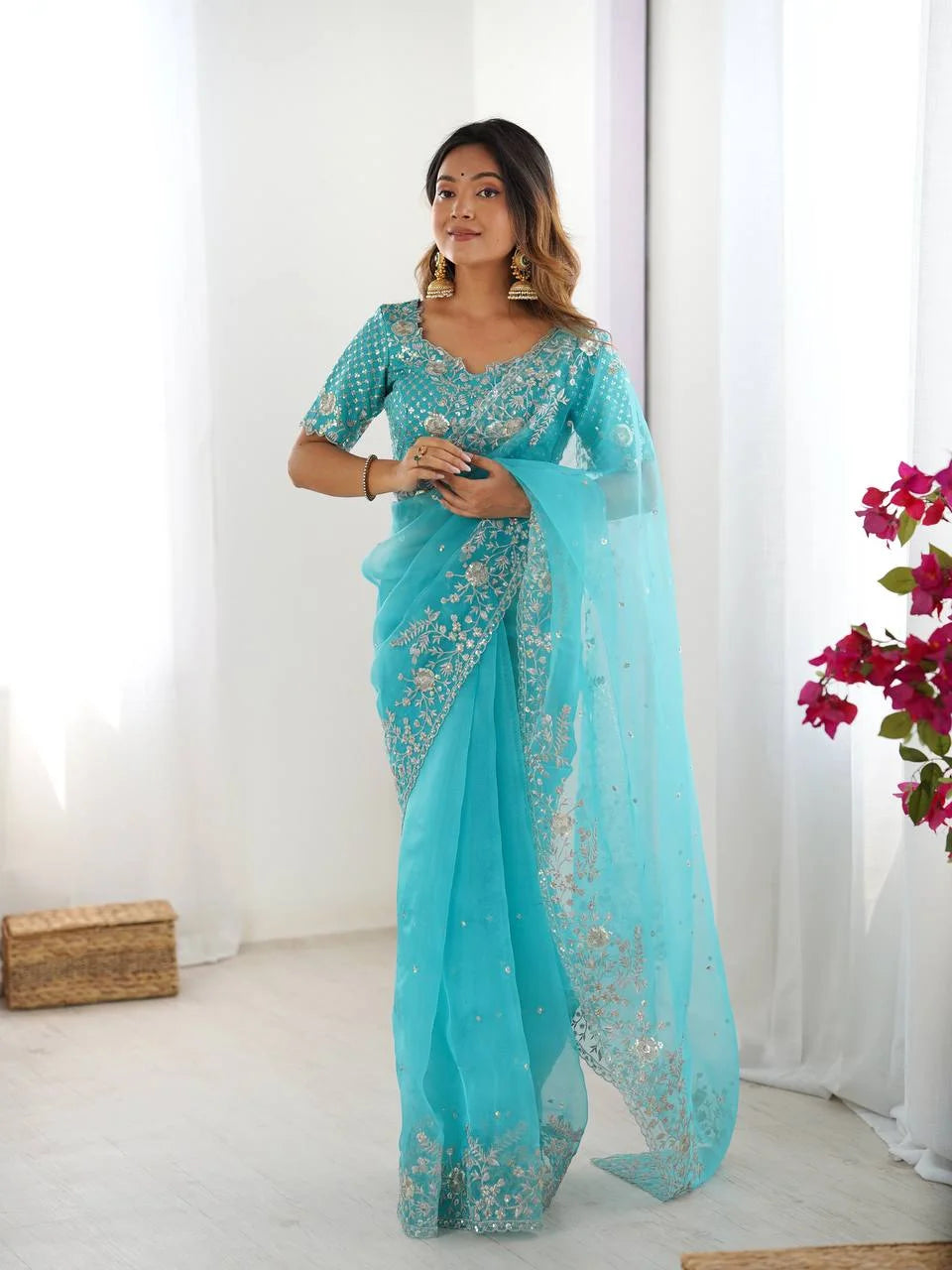 Designer Organza Silk Saree with Delicate Thread & Sequin Detailing