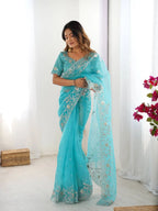 Designer Organza Silk Saree with Delicate Thread & Sequin Detailing