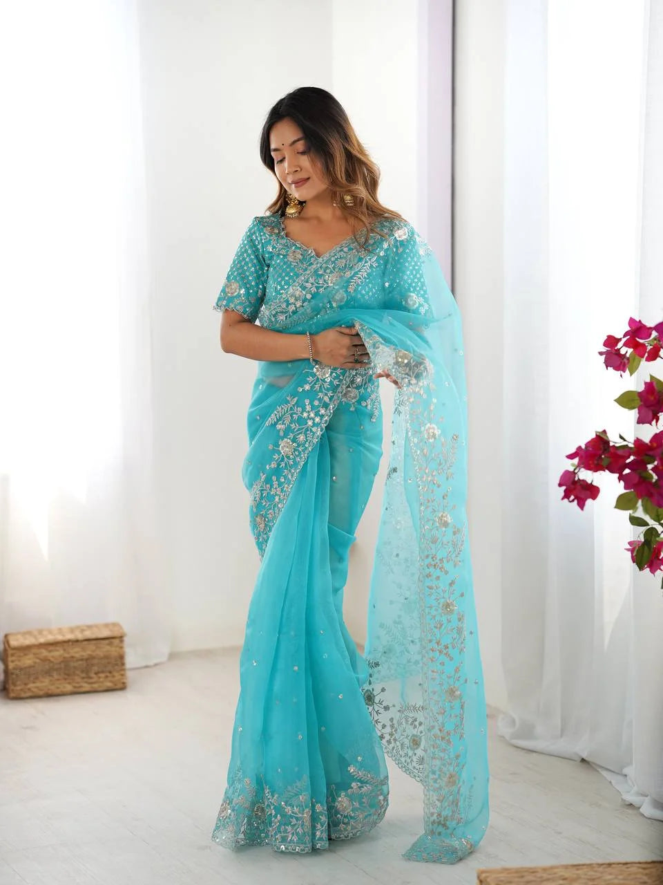 Designer Organza Silk Saree with Delicate Thread & Sequin Detailing