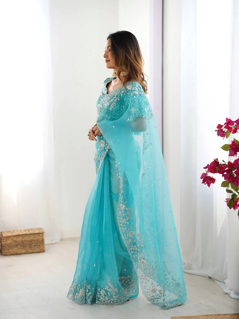 Designer Organza Silk Saree with Delicate Thread & Sequin Detailing
