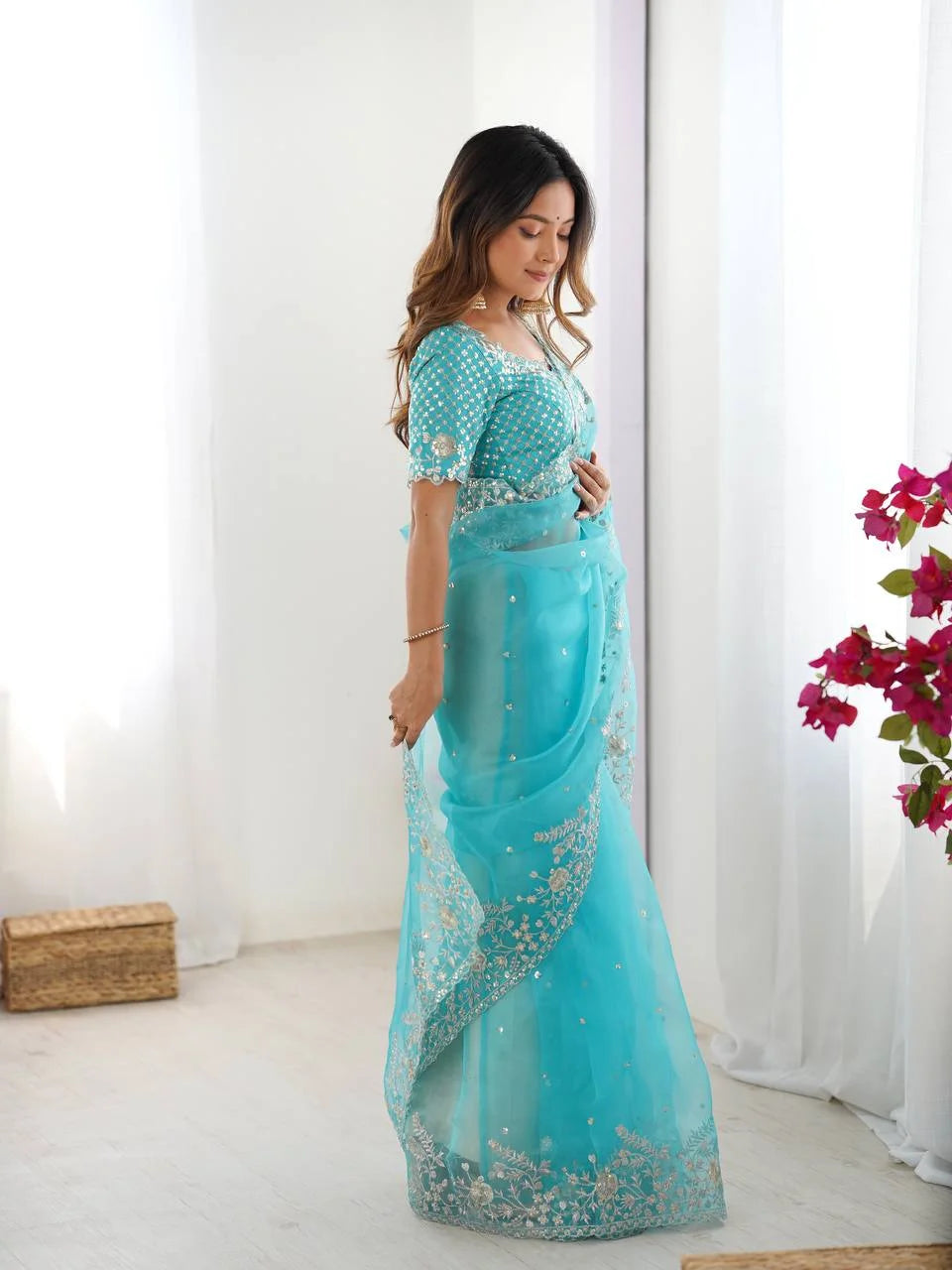 Designer Organza Silk Saree with Delicate Thread & Sequin Detailing