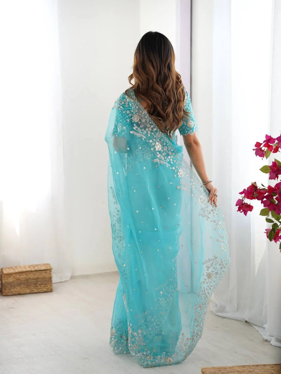 Designer Organza Silk Saree with Delicate Thread & Sequin Detailing
