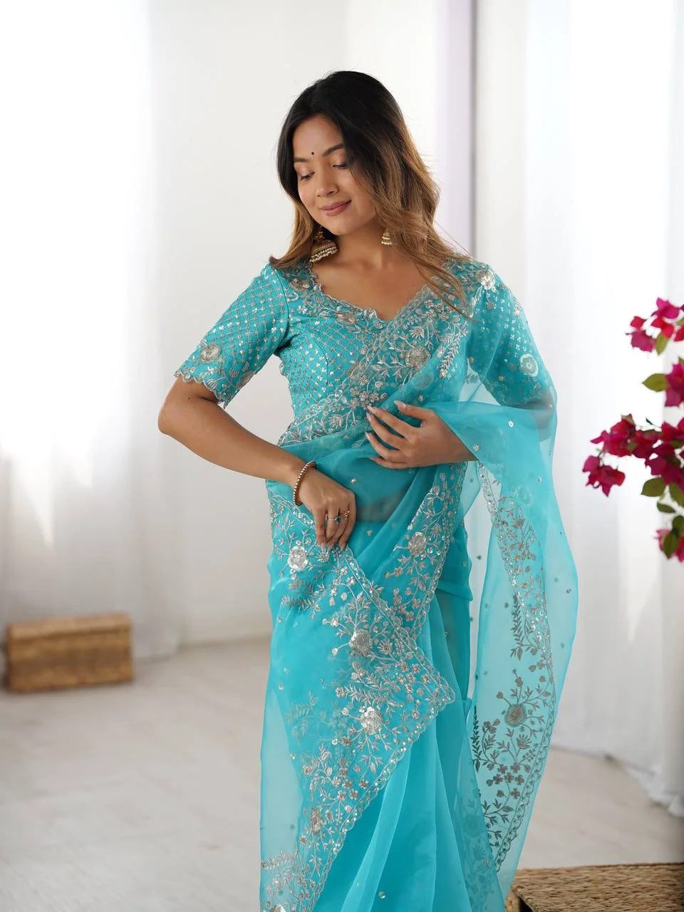 Designer Organza Silk Saree with Delicate Thread & Sequin Detailing