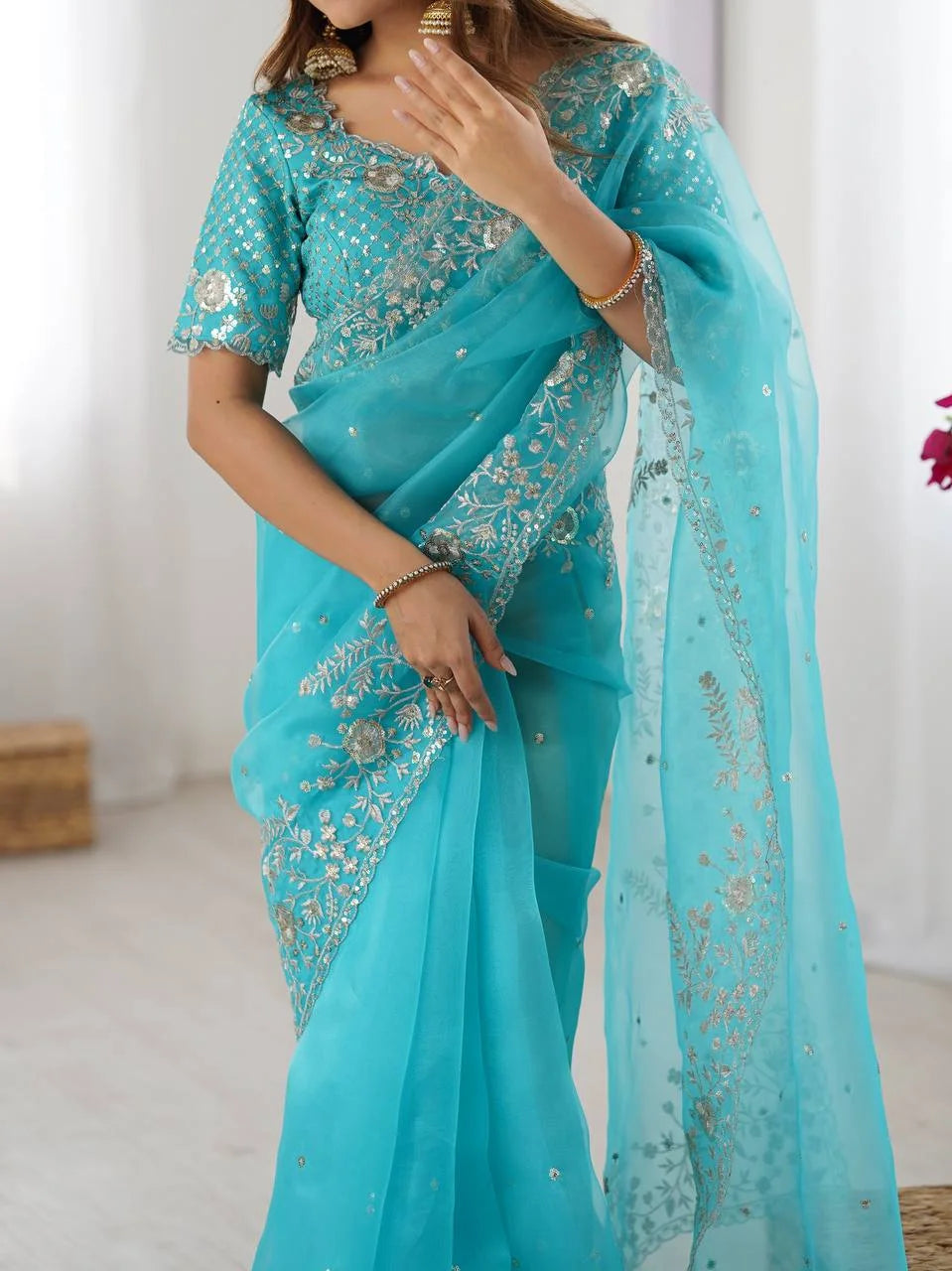 Designer Organza Silk Saree with Delicate Thread & Sequin Detailing